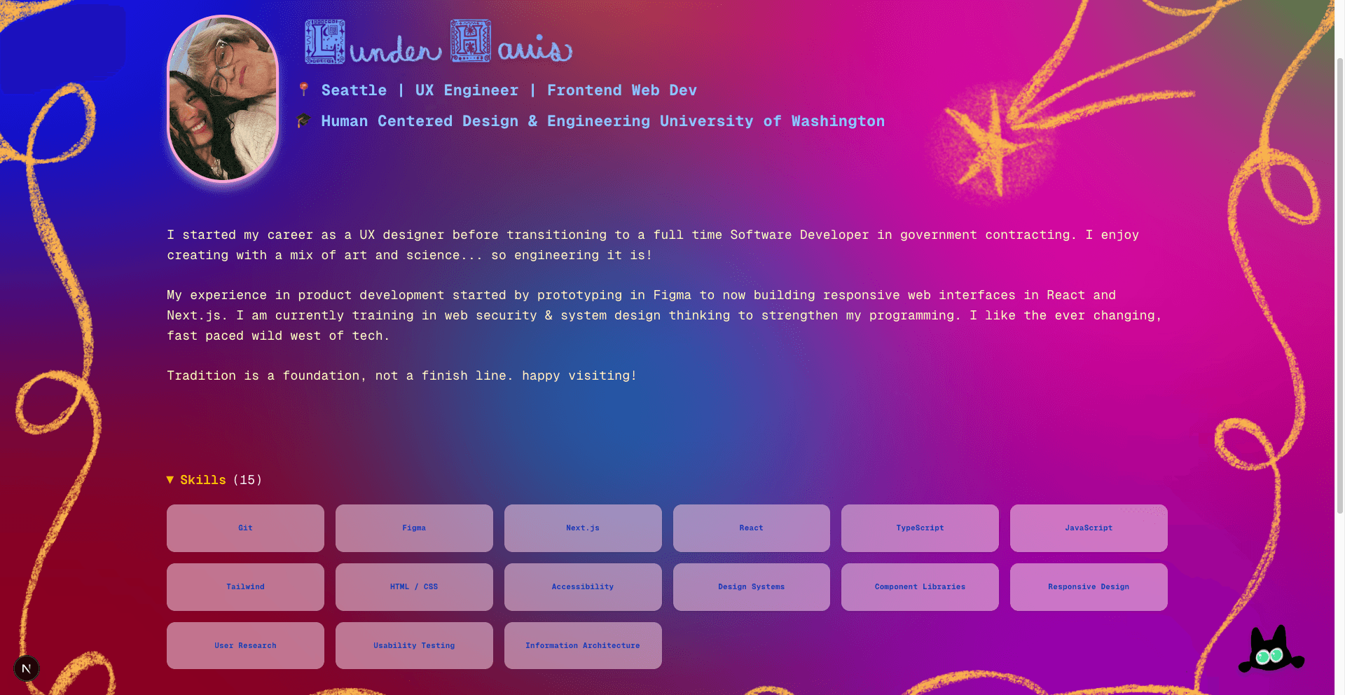 Home page — skills and bio