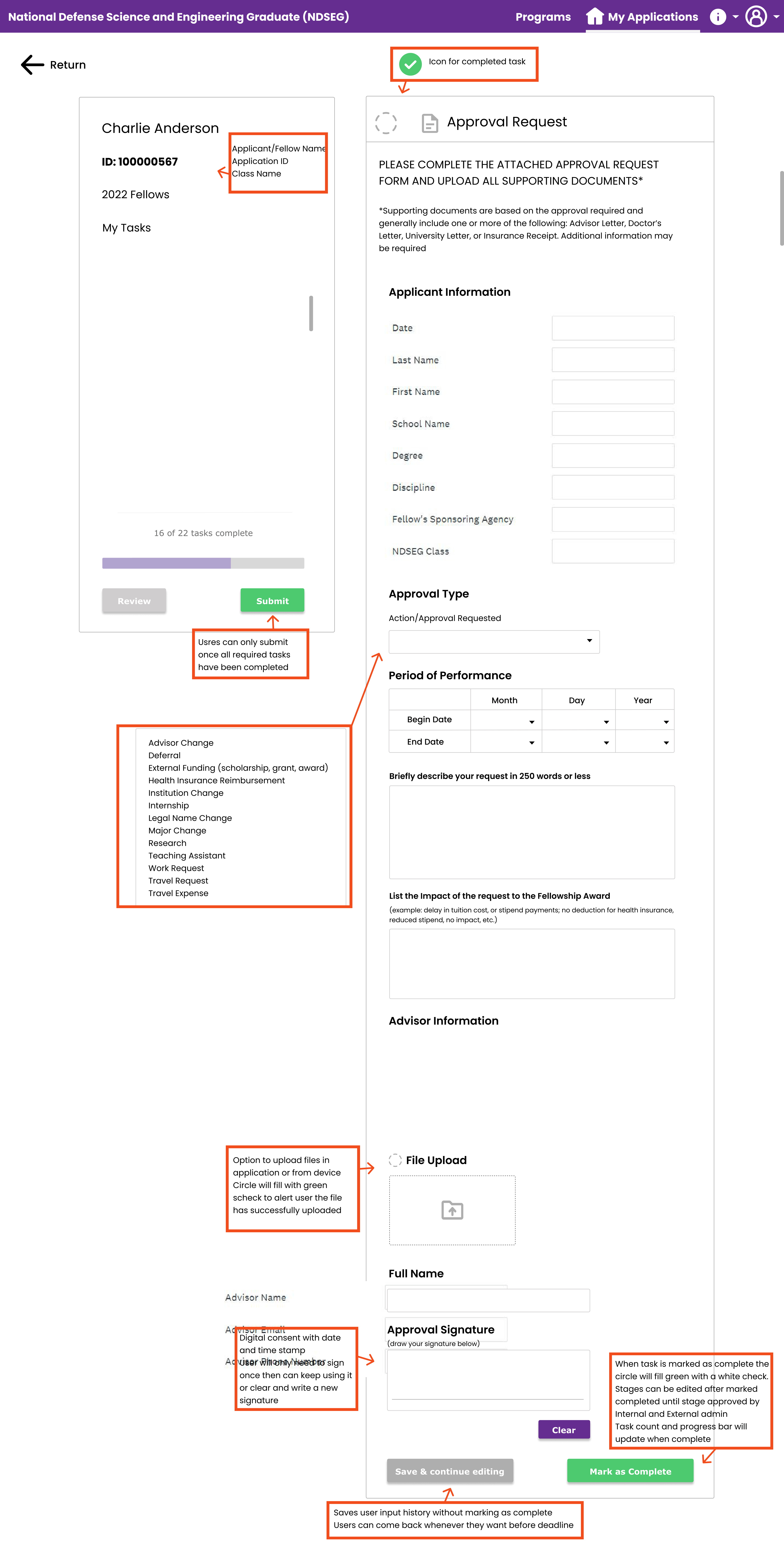 Approval request workflow — supporting documents, saved progress, and review states.